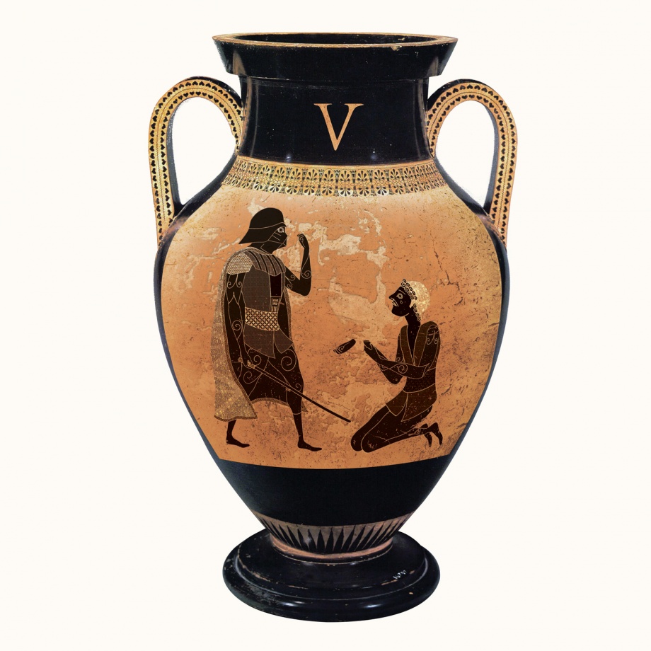 Ancient style vase with Darth Vader standing over Luke