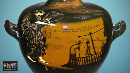 Screenshot from Sappho 44 animation Sappho on left with geometric ship in front of her