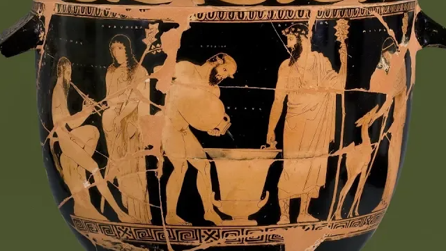 Title card of the 'Dionysus' animation, featuring a red-figure vase, on which is depicted the god Dionysus, a satyr pouring wine, and other followers of the god.