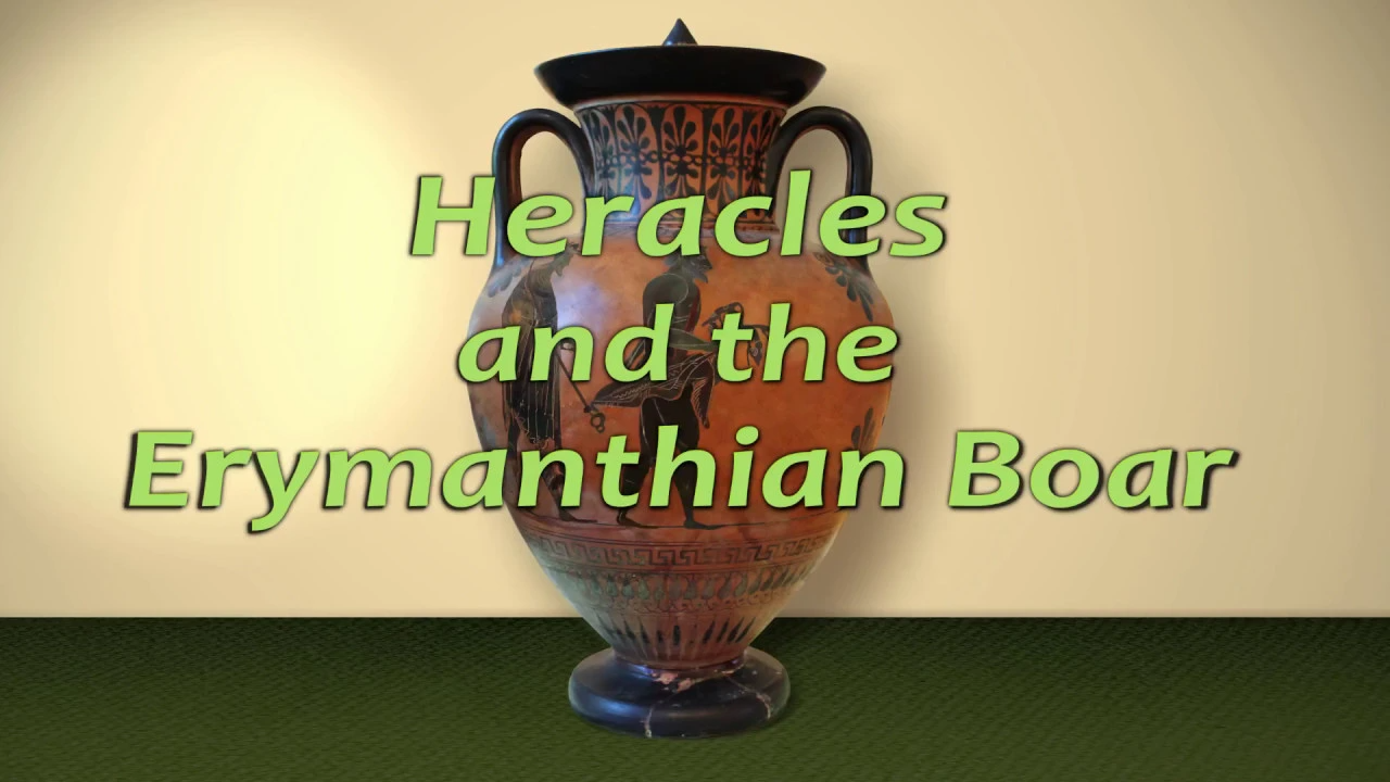 Thumbnail from the 'Heracles and the Erymanthian Boar' video. The title of the video is in the foreground, and in the background is a Greek black-figure vase depicting Heracles and Hermes.