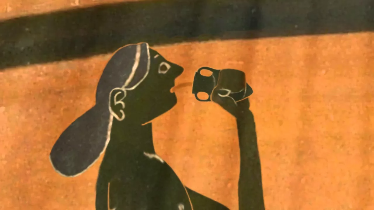 Thumbnail for the 'Hermes' Favour' animation, showing a figure from a Greek black-figure vase drinking from a small pot.