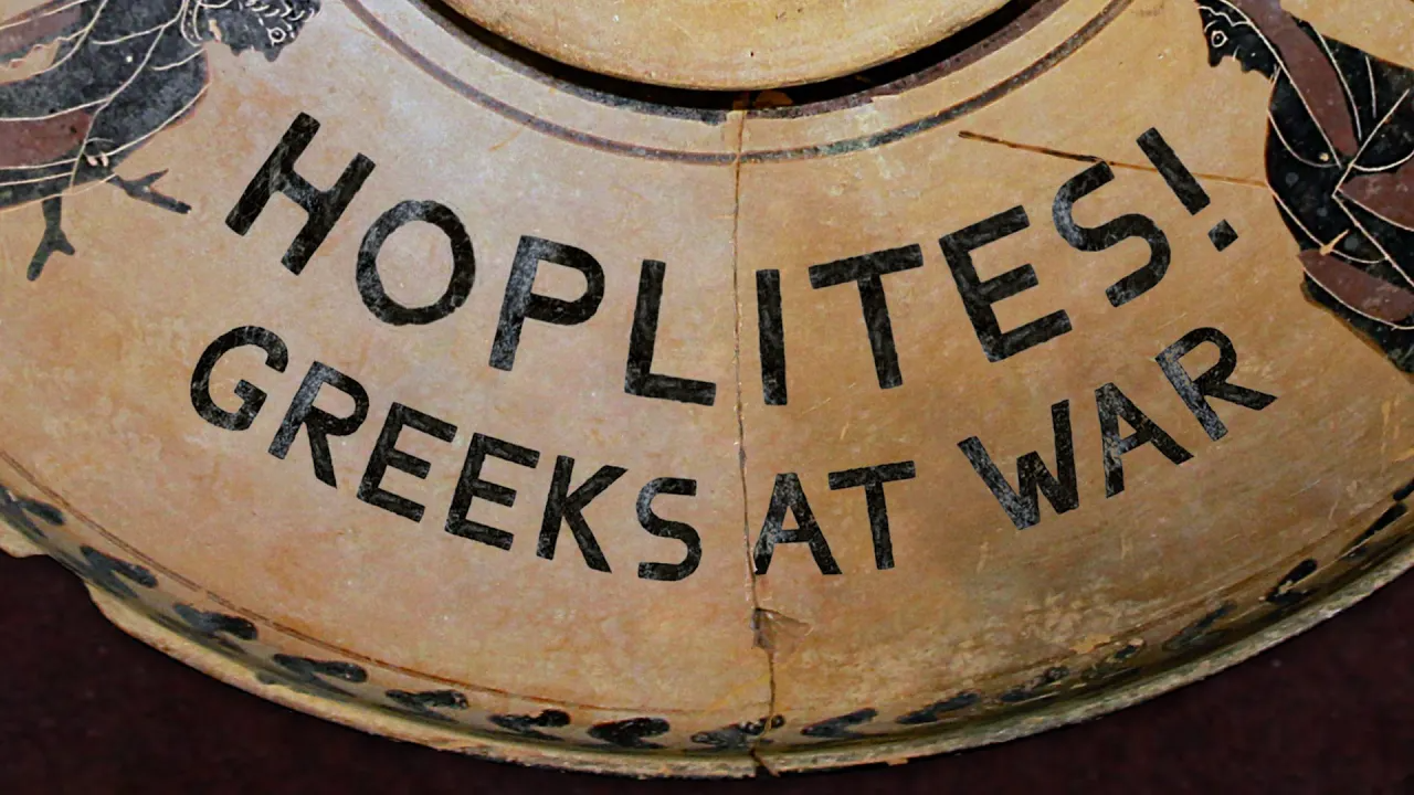Detail of a Greek pot with the text "Hoplites! Greeks at War" superimposed on it.