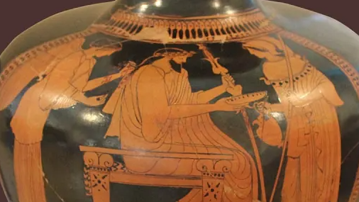 Thumbnail of the 'Libation' video. The god Zeus, seated, is assisted in pouring a libation by the goddess Athena and another goddess, either Nike or Iris.