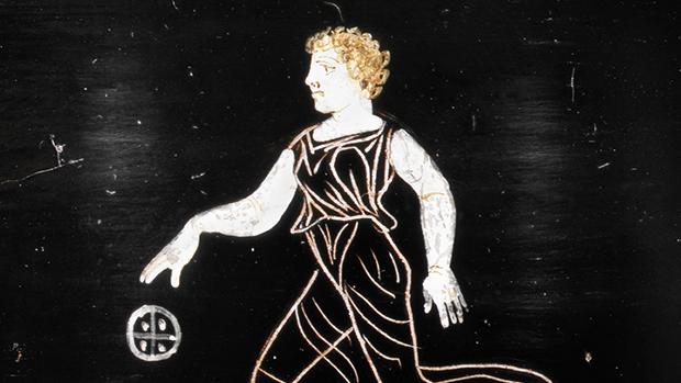 Woman playing with a ball on the reverse of an Iris vase