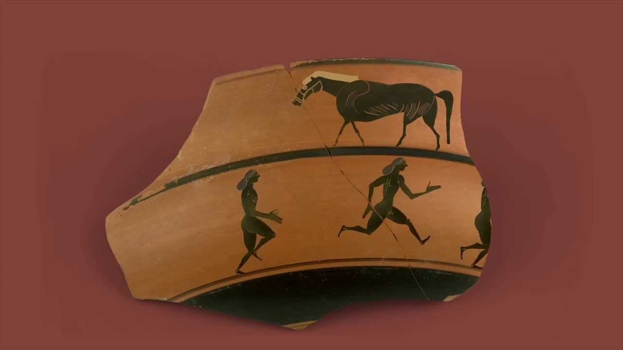 A fragment from a Greek pot showing a horse and three naked runners.
